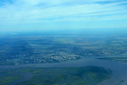 Aerial photo of Khabarovsk, clearly showing the Amur and Ussuri River confluence.
