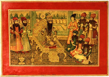 Fath Ali Shah depicted on the Peacock Throne surrounded by ministers, painting circa 1835