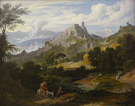 Koch, Joseph Anton — Landschaft bei Olevano mit reitendem Mönch — um 1830.JPG