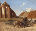 L.A. Schou, “Mikkelskirken i Slagelse, set fra Fisketorvet”. Køerne vandes ved vandposten, 1858