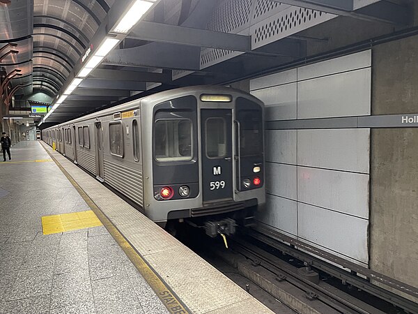 Southbound Metro B Line train departing from Hollywood/Highland station