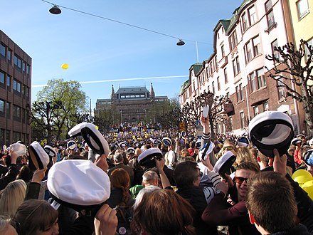 Students in Turku ready to wear their student caps exactly at 18:00 in the Walpurgis Night