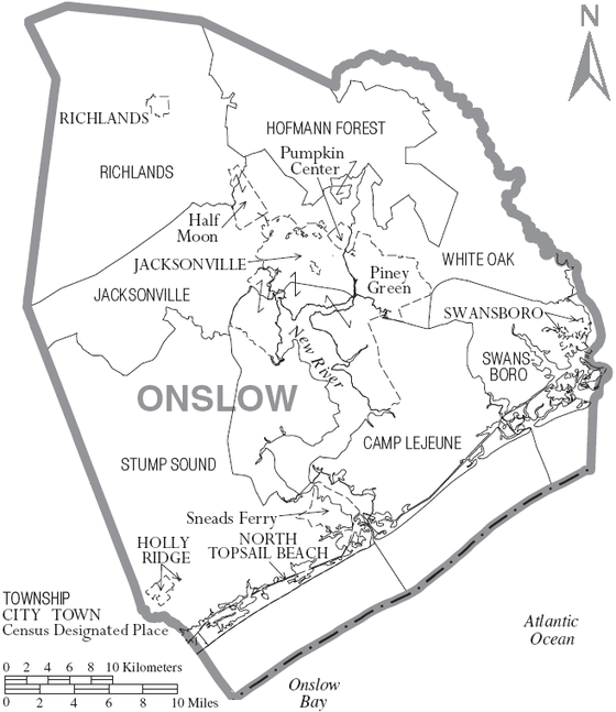 Map of Onslow County, North Carolina with Municipal and Township labels