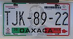 Matrícula automovilística México 2006 Oaxaca TJK-89-22.jpg