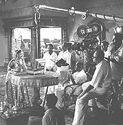 K. V. Reddy and Marcus Bartley shooting the scene where Sasirekha (Savitri) looks at the Priyadarsini mirror