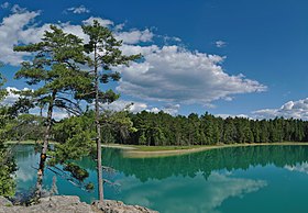 McGinnis Lake is a meromictic lake within the Petroglyphs Provincial Park. McGinnis Lake panorama1.jpg