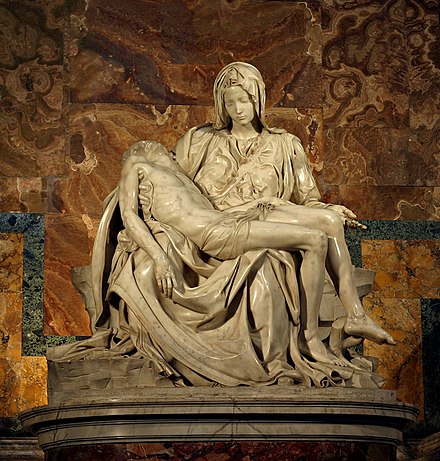 Michelangelo's 1498–99 Pietà in St. Peter's Basilica; the Catholic Church was among the patronages of the Renaissance.[246][247][248]