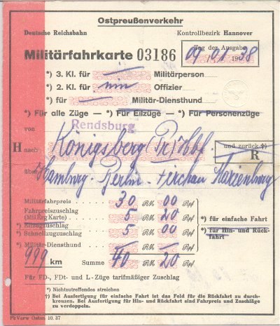 1938 military ticket from Rendsburg to Königsberg (Pr.)