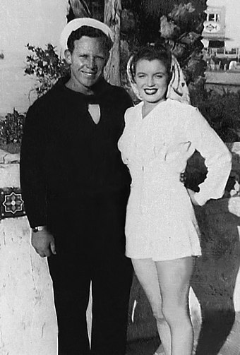 Monroe with her first husband, James Dougherty, c. 1943–44. They married when she was 16 years old.