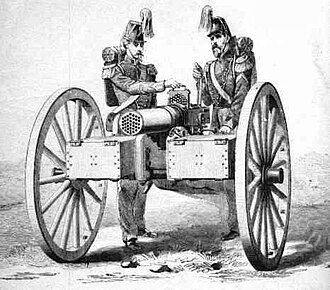 The 37-barrel Montigny mitrailleuse, completed in 1863, was derived from the invention of Fafschamps. Montigny Mitrailleuse.jpg