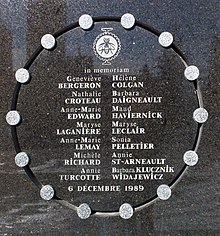 A plaque memorializing victims of the Ecole Polytechnique massacre Mtl dec6 plaque.jpg