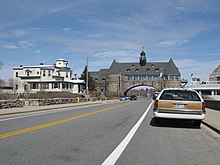 The Towers, which pass over Ocean Road along Rhode Island Sound, is Narragansett's most famous landmark. Narragansettbuilding.jpg