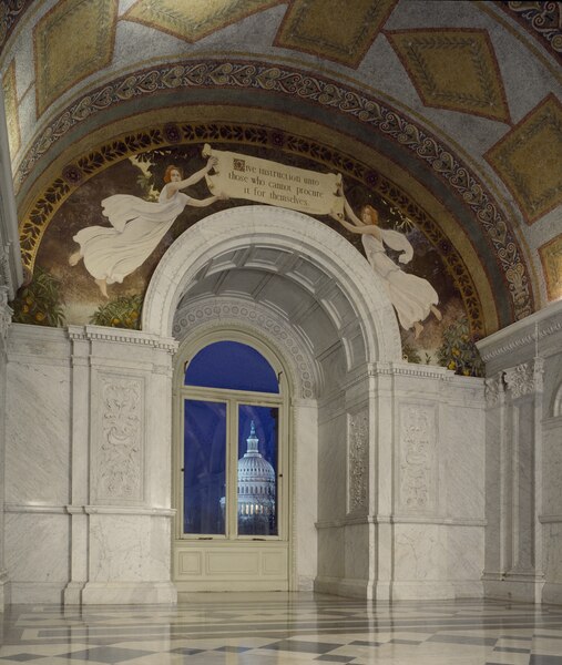 File:North Corridor, Great Hall. View of the U.S. Capitol at sunrise, seen through a window below a mural by Charles Sprague Pearce that shows female figures with quotation from Confucious that begins LCCN2007687188.tif