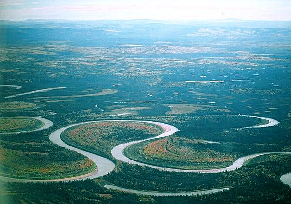 This picture of the Nowitna River in Alaska shows two oxbow lakes – a short one at the bottom of the picture and a longer, more curved one at the midd