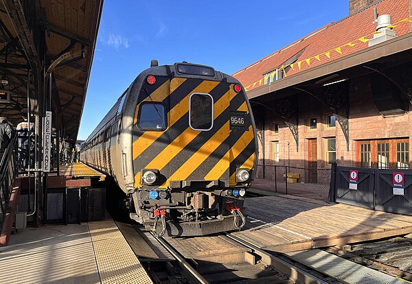 An ex-Metroliner cab car 9646 on the Amtrak Hartford Line at Hartford Union Station in October 2023