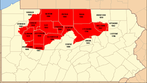 Map of the original extent of Lycoming County circa 1795, with current Pennsylvania county outlines for reference. Click on map to see dates. Original Lycoming County Pennsylvania Map.png