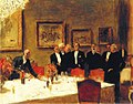 Membre du Fészek Art Club (hu) par Tibor Pólya (hu) avec, de gauche à droite, István Csók, Oszkár Glatz, Adolf Fényes, Elek Falus, István Zádor, Zsigmond Kisfaludi Stróbl, Tibor Pólya, Béla Iványi-Grünwald