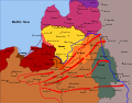 Sarkanās armijas uzbrukums (1920. gada maijs — augusts). Punktētā līnija: Kerzona līnija, zilā līnija: Polijas armijas ieņemtās teritorijas robeža pirms uzbrukuma, sarkanā līnija: Sarkanās armijas ieņemtās teritorijas rietumu robeža.