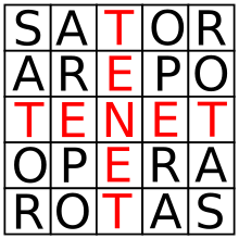 The central cross created by the vertical and horizontal TENET words, has both Christian and Jewish symbolism (e.g. the "tau cross", or the Hebrew tau "+" symbol). It also parallels the Roman system of Cardo and Decumanus, being central road crosses through towns. Palindrom TENET.svg