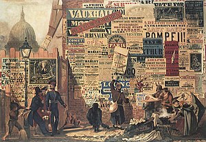 Outdoor advertising was based on hoardings (billboards): England 1835, by John Orlando Parry Parrywatercolour.jpg