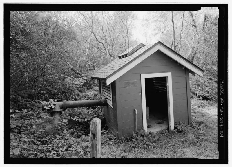 File:Perspective view of the pump house looking south 180 degrees. This is the pump house at the southern most point of the complex. - Prairie Creek Fish Hatchery, Hwy. 101, Orick, Humboldt HAER CA-334-24.tif