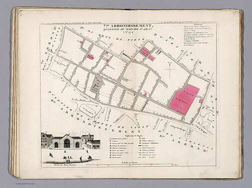 Plan du quartier du Marché-Saint-Jean : on voit au centre la place du Marché-Saint-Jean et le tracé en pointillé de la future rue de Rivoli.