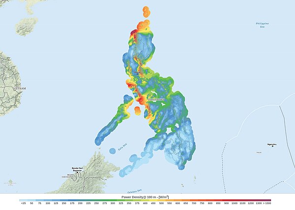 Philippines Wind Power Density Map. This wind resource map provides an estimated summary of mean wind power density at 100 m above surface level. Power density indicates wind power potential, part of which can be extracted by wind turbines. The map is derived from high-resolution wind speed distributions based on a chain of models, which downscales winds from global models (~70 km), to mesoscale (9 km) to microscale (150 m terrain). The resulting resolution is 250 m. Philippines Wind Power Density Map.jpg