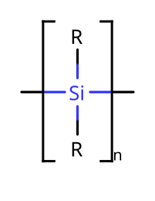 General repeating unit of polysilanes, where the R's are the same or different organic groups. Polysilane.svg