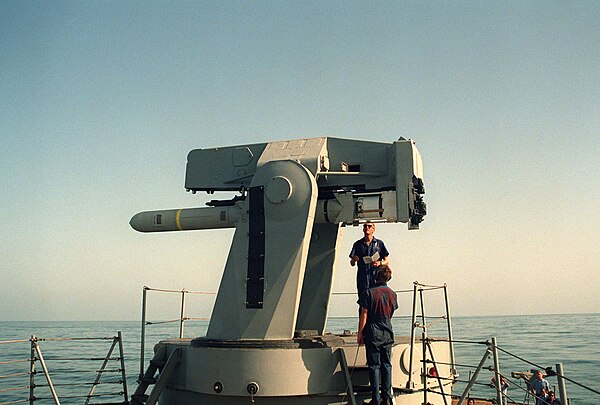 A Harpoon Missile on the rail of a Mark 13 aboard USS Goldsborough