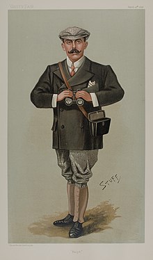Old colored drawing of a 19th-century man dressed in knickers, gaiters, red tie and a pea coat, wearing a cap and holding binoculars, an open case for the binoculars hanging from his left shoulder. His body is turned slightly to his right, but he is facing front