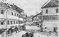 Ravensburg, Marktstraße, rechts das Rathaus, Bleistiftzeichnung, 1842