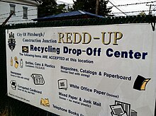 City of Pittsburgh Recycling Drop-Off Center sign using the term "redd up", illustrating an example of Western Pennsylvania English. Redd-Up - City of Pittsburgh Recycling Drop-Off Center Sign.jpg