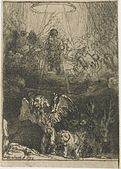 Daniel's Vision of the Four Beasts label QS:Len,"Daniel's Vision of the Four Beasts" label QS:Lnl,"Daniëls visioen van de vier beesten" . 1655. etching print, drypoint print and burin. 10.7 × 7.6 cm (4.2 × 2.9 in). Amsterdam, Rijksmuseum Amsterdam.