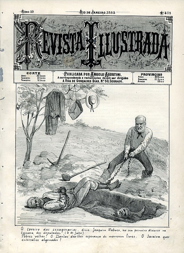 Revista Illustrada in 1885 satirizes the Saraiva-Cotegipe Law by depicting prime minister José Antônio Saraiva burying old slaves who died before they