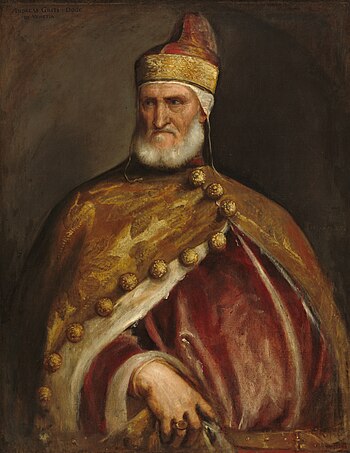 The first of four images. Oil portrait of an elderly man with stern face and short white beard, richly dressed in a robe with huge gold buttons and distinctive cap of office. Each picture shows a three-quarter length figure against a dark background. Each portrait seems to capture a moment in time.