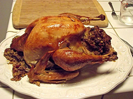 Stegt kalkun er en del af den traditionelle Thanksgiving frokost.[314]