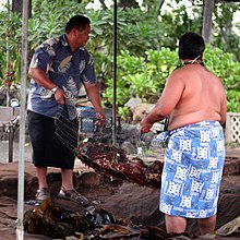 While in Maui, teams prepared pua`a kalua: a pig roasted in the traditional kalua method. Roasted puaa.jpg