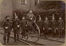 Russian Imperial Gendarmes with rail bicycle, circa 1900 Russian Gendarmes 1890.jpg