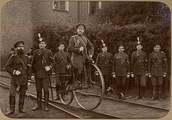 Russian Imperial Gendarmes with rail bicycle, circa 1900