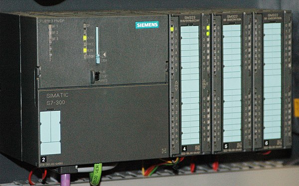 Siemens Simatic S7-300 PLC CPU with three I/O modules attached