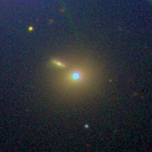Sloan Digital Sky Survey image of blazar Markarian 421, illustrating the bright nucleus and elliptical host galaxy SDSS Mrk 421.jpg