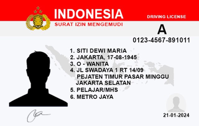 Front side of the Indonesian Driving License card "A" class for driving normal 4 wheel car/jeep vehicle