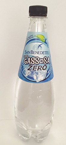 A plastic bottle with a clear liquid and the caption "San Benedetto Gusto Gassosa Zero"