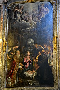 Simone Peterzano, Natividad con San Antonio, Giovanni XIV Canepanova e Ippolito de Rossi.