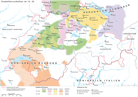 The Habsburg dominions around 1200 in the area of modern-day Switzerland are shown as      Habsburg, among the houses of      Savoy,      Zähringer and      Kyburg