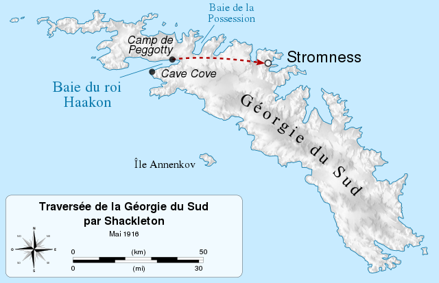 Carte de l'île de Géorgie du Sud montrant le trajet des hommes.