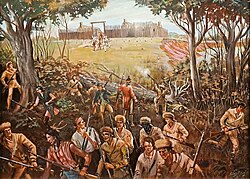 Colbert's raid on Arkansas Post in 1783 Sidney E. King - Counterattack! (cropped).jpg