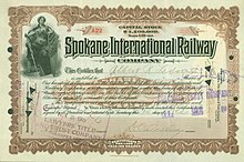 Share of the Spokane International Railway Company, issued 24 december 1906 Spokane International RW 1906.jpg