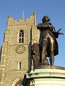 Gainsborough-Denkmal in Sudbury vor der heute profanierten Kirche St. Peters (15. Jahrhundert)