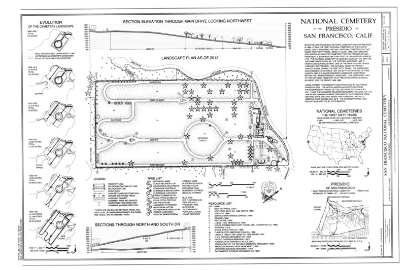 File:Statement of significance, location map, site plan, landscape plan, site sections, evolution of cemetery landscape. - San Francisco National Cemetery, 1 Lincoln Boulevard, San HALS CA-1 (sheet 1 of 1).tif